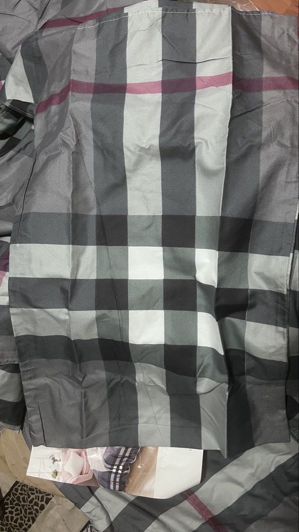 HYJ 3-Piece Grey Plaid Bed Cover Set (Category: Bedding & Towels) located in Pasig City. Submitted by zebteashoppe01 (Listing ID 1469020403, Image 1). Description: HYJ 3-piece bedding set in a grey plaid pattern with burgundy accents. Includes one bed cover measuring 60x78+8 inches and two pillowcases measuring 18x28 inches. Still sealed inside the original plastic packaging. Soft fabric with clean finished seams along the edges..