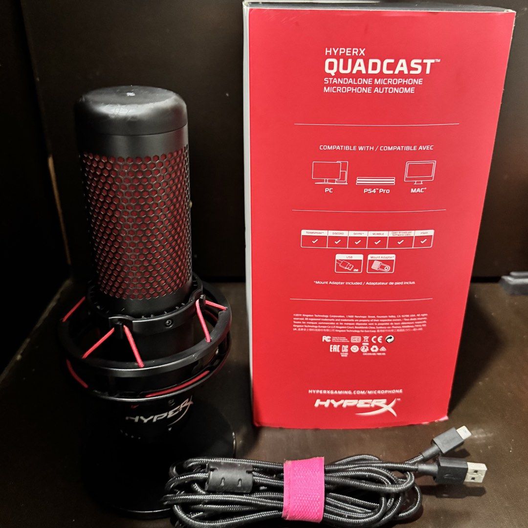 HyperX QuadCast Standalone Microphone (Category: Microphones) located in Makati City. Submitted by winrichortea (Listing ID 1469063365, Image 2). Description: - Authentic HyperX QuadCast USB condenser microphone in black and red - Features a built-in anti-vibration shock mount to isolate unwanted bumps - Convenient tap-to-mute sensor with a clear LED status indicator - Four selectable polar patterns (Stereo, Omnidirectional, Cardioid, Bidirection