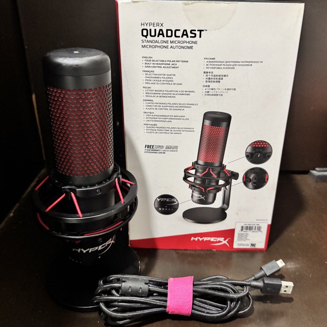 HyperX QuadCast Standalone Microphone (Category: Microphones) located in Makati City. Submitted by winrichortea (Listing ID 1469063365, Image 3). Description: - Authentic HyperX QuadCast USB condenser microphone in black and red - Features a built-in anti-vibration shock mount to isolate unwanted bumps - Convenient tap-to-mute sensor with a clear LED status indicator - Four selectable polar patterns (Stereo, Omnidirectional, Cardioid, Bidirection