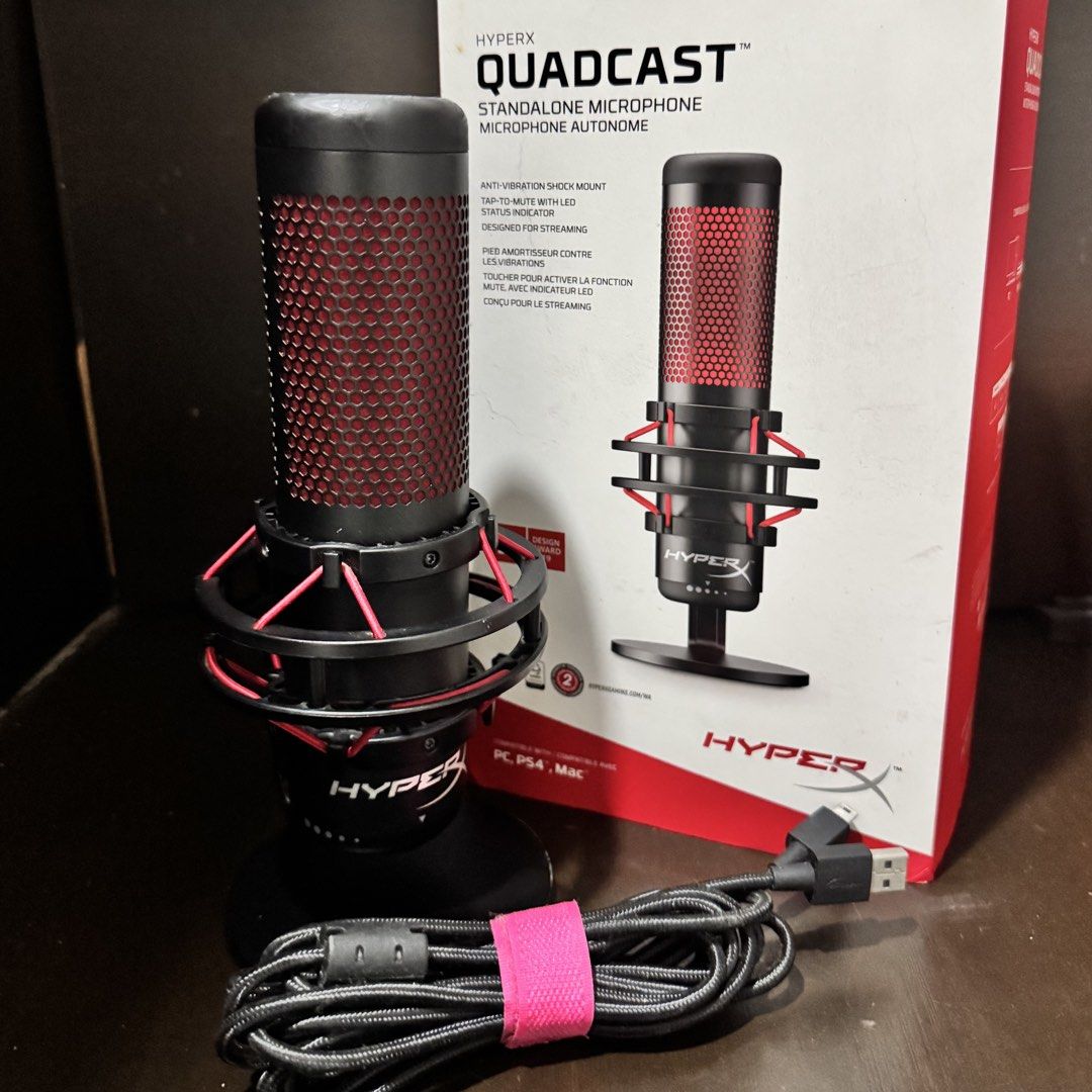 HyperX QuadCast Standalone Microphone (Category: Microphones) located in Makati City. Submitted by winrichortea (Listing ID 1469063365, Image 1). Description: - Authentic HyperX QuadCast USB condenser microphone in black and red - Features a built-in anti-vibration shock mount to isolate unwanted bumps - Convenient tap-to-mute sensor with a clear LED status indicator - Four selectable polar patterns (Stereo, Omnidirectional, Cardioid, Bidirection