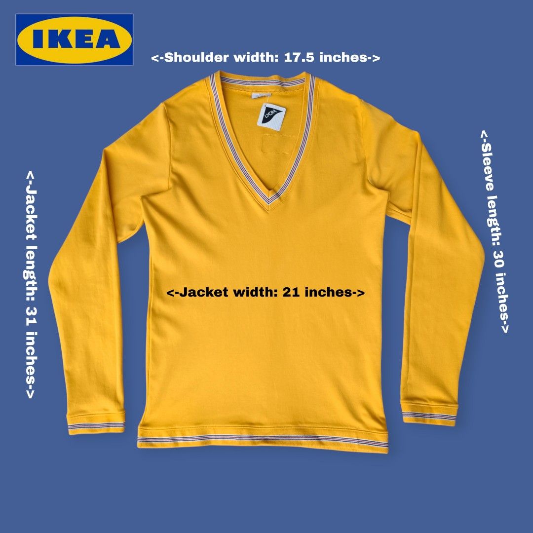 IKEA Yellow Mens V-Neck Sweater Jacket (Category: Coats, Jackets and Outerwear) located in Bacoor. Submitted by nineties_kid (Listing ID 1469066310, Image 1). Description: <==• IKEA Yellow Mens V-Neck Sweater Jacket (Unisex) Size: Medium Shoulder width: 17.5 inches Sleeve length: 30 inches Jacket width: 21 inches Jacket length: 31 inches _________________________ -Modes Of Delivery: J&T/Lalamove/ LBC (Cash on Pick-up/COD) -Meet-up (Bacoor Cavite 
