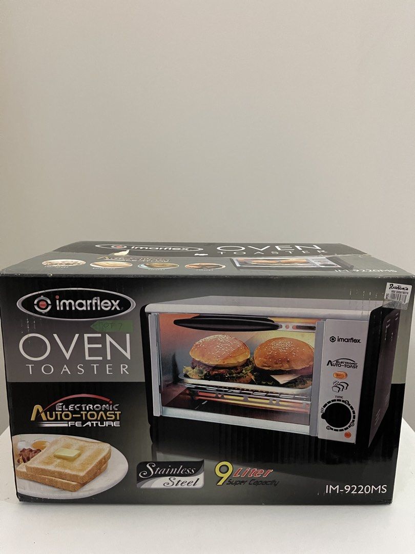 Imarflex Oven Toaster IM-9220MS (Category: Ovens & Toasters) located in Quezon City. Submitted by bravehorse_f1f6d5 (Listing ID 1469098179, Image 1). Description: - Brand: Imarflex - Model: IM-9220MS - Condition: Brand new, sealed in box - Capacity: 9 liters (Stainless steel body) - Key Features: Electronic auto-toast, 15-minute timer, and removable crumb tray - Power: Energy efficient 700W (230V).