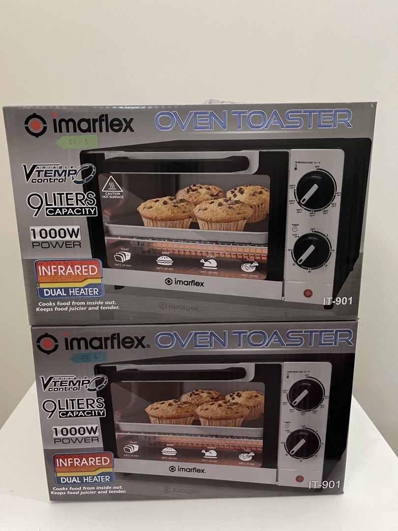Imarflex Oven Toaster IT-901 9 Liters Capacity (Category: Ovens & Toasters) located in Quezon City. Submitted by bravehorse_f1f6d5 (Listing ID 1469097112, Image 1). Description: - Brand: Imarflex - Model: IT-901 - Capacity: 9 Liters - Power: 1000W - Features: Variable temperature control and infrared dual heaters (cooks food from the inside out) - Condition: Brand new, sealed in original packaging - Availability: 2 boxes available (can be bought 