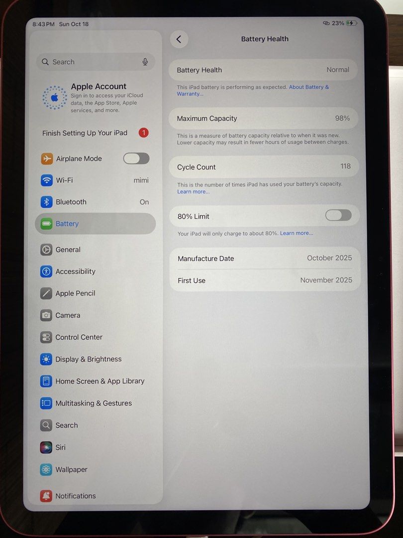 iPad A16 128GB MONTHS OLD! FRESH (Category: iPad) located in Manila. Submitted by cozart_ (Listing ID 1469100254, Image 2). Description: iPad A16 Pink 128GB ZP/A Local Variant 98BH orig! (low cc) Underwarranty until Nov 28, 2026 Truetone✅ Touch ID✅ no history of repair unli check unli reset makinis pa sa'yo Inclusions: Orig Box (same serial) Orig Apple Adaptor Orig Cord 24k nego pasig loc.