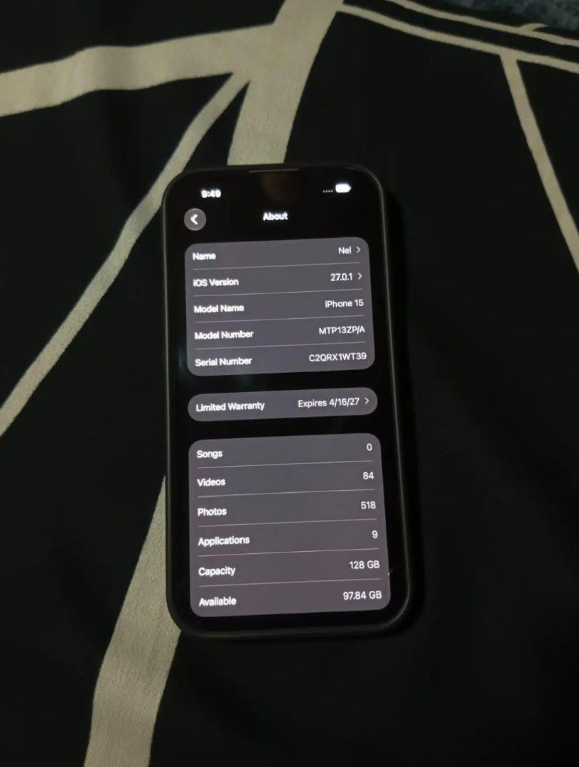 Iphone 15 128GB (Category: iPhone 15 Series) located in Cebu City. Submitted by northerx (Listing ID 1469086883, Image 2). Description: IPHONE 15 (NEGOTIABLE) 128GB Color Pink No history repair No Issue ZPA - Local Variant NTC approval Battery health 94% IOS version 27.0.1 RFS: Upgrade.