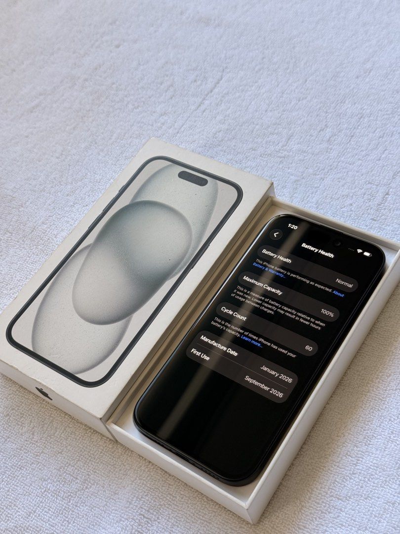 iPhone 15 256gb "Black" 1 Month Old (Category: iPhone 15 Series) located in Manila. Submitted by sypaul04 (Listing ID 1468941773, Image 2). Description: iPhone 15 256gb "Black" Factory Unlocked Local Variant NTC Approved ZP/A 100% Battery Health - 60cc only 1 Month Old palang Under warranty until Sept 12, 2027 Minor camera paint chips (kita naman sa pic) Complete Standard Package: Unit Original Box Original cord Case 43.5k bili selling for 34.5k 