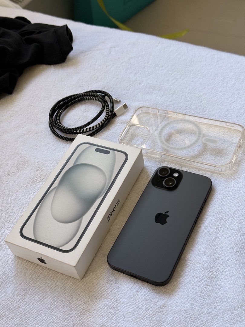 iPhone 15 256gb "Black" 1 Month Old (Category: iPhone 15 Series) located in Manila. Submitted by sypaul04 (Listing ID 1468941773, Image 1). Description: iPhone 15 256gb "Black" Factory Unlocked Local Variant NTC Approved ZP/A 100% Battery Health - 60cc only 1 Month Old palang Under warranty until Sept 12, 2027 Minor camera paint chips (kita naman sa pic) Complete Standard Package: Unit Original Box Original cord Case 43.5k bili selling for 34.5k 