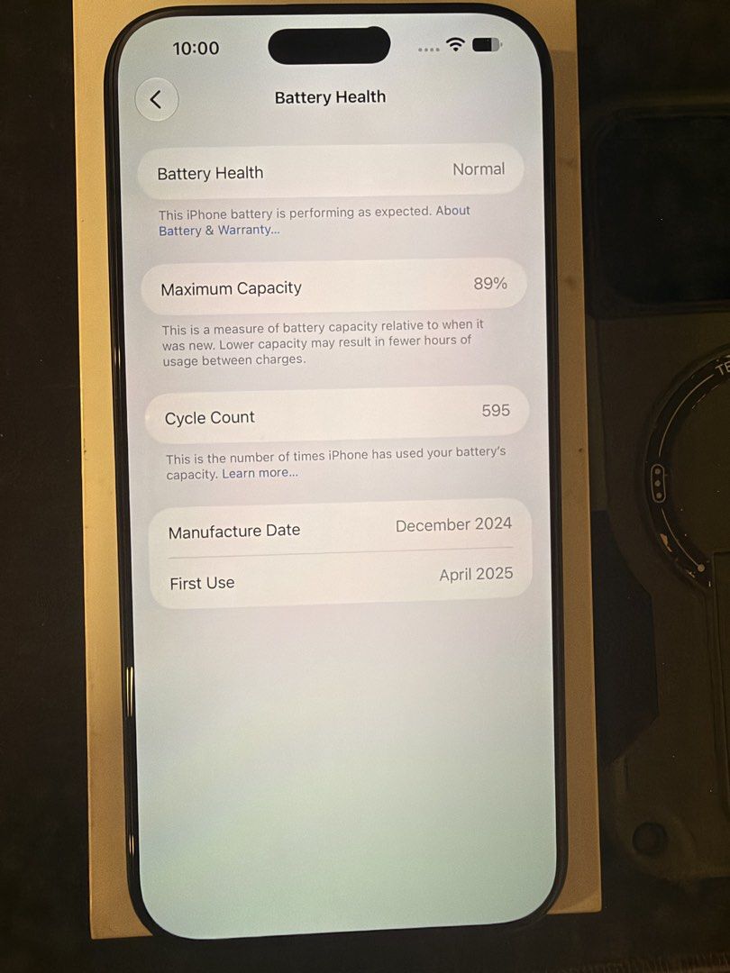 Iphone 16 pro max (Category: iPhone 16 Series) located in Makati City. Submitted by tr1gun (Listing ID 1468995729, Image 3). Description: Iphone 16 pro max - black, 256gb, 89% batt health, open line with sim slot and esim, factory unlocked or open line, no history of repair Package: unit, box, orig cable, case, pre installed tempered privacy glass 100% smooth and first owner Rfs: have a new phone. Not for swap.