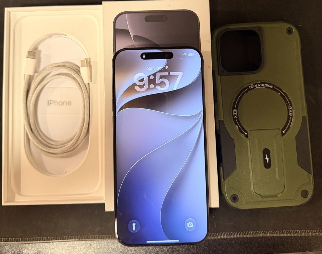 Iphone 16 pro max (Category: iPhone 16 Series) located in Makati City. Submitted by tr1gun (Listing ID 1468995729, Image 1). Description: Iphone 16 pro max - black, 256gb, 89% batt health, open line with sim slot and esim, factory unlocked or open line, no history of repair Package: unit, box, orig cable, case, pre installed tempered privacy glass 100% smooth and first owner Rfs: have a new phone. Not for swap.