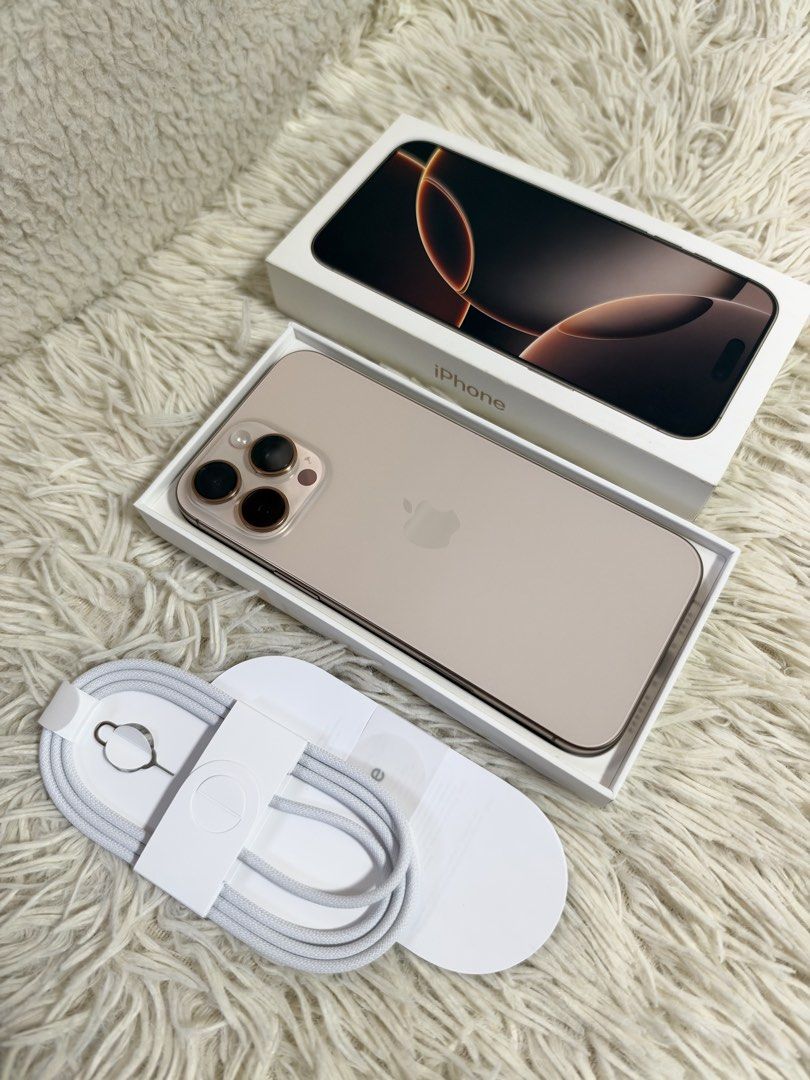 iPhone 16 Pro Max 256g Openline (Category: iPhone 16 Series) located in Manila. Submitted by ccluxuryy (Listing ID 1469073126, Image 2). Description: Selling my old phone for P45,990. iPhone 16 Pro Max Desert Titanium 256gb Openline / Factory unlocked (any sim may be used) NTC approved Comes complete with box, cards, and USB-C cable Activated Feb 2025 Battery health 89% With screen protector since day 1 99% smooth Never been opened/repaired No de