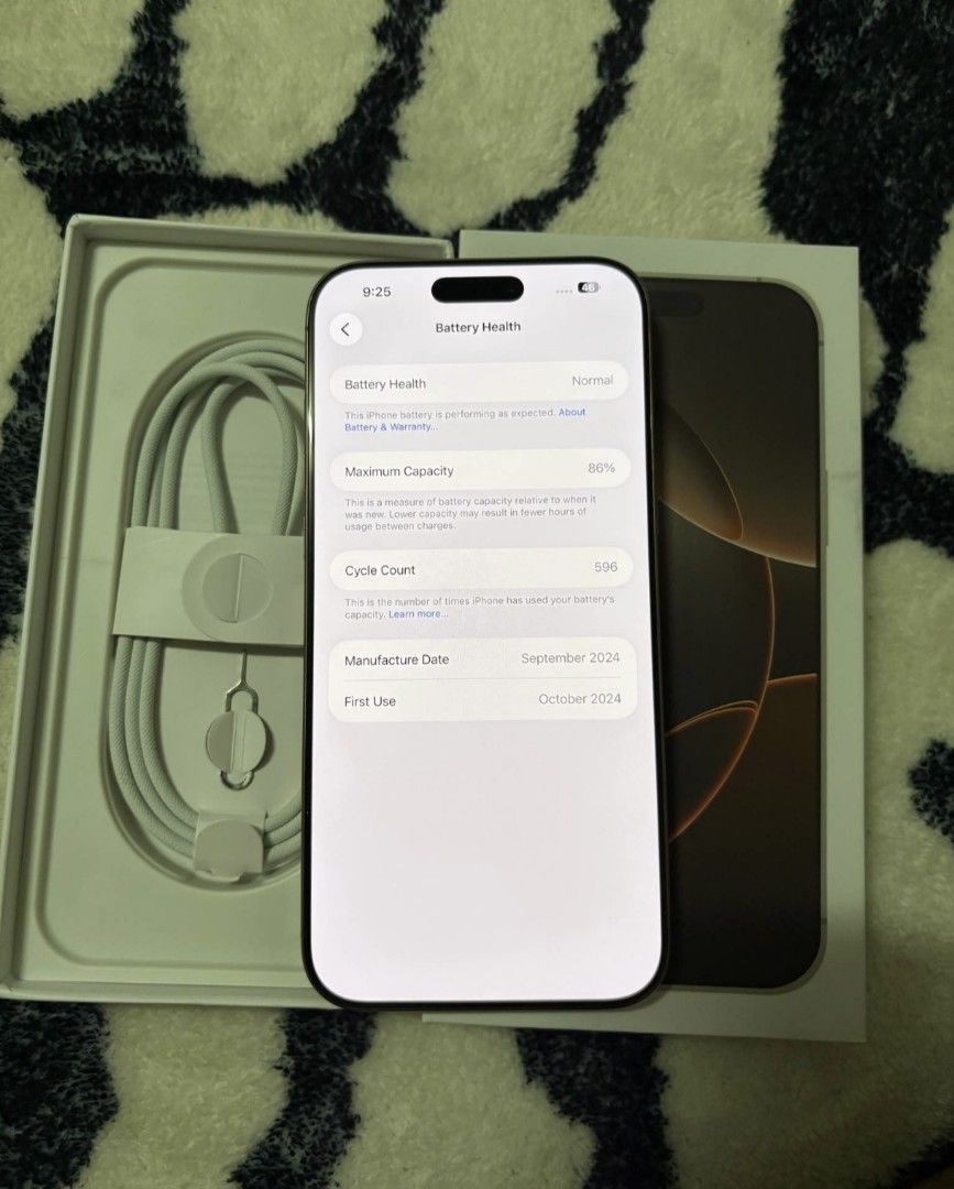 Iphone 16 pro max 256gb (Category: iPhone 16 Series) located in Manila. Submitted by maika_del (Listing ID 1468952211, Image 2). Description: Sale or (swap ios only) Iphone 16promax 256gb 🏷️ 42,500 Prestine condition Factory unlock 86% battery health 596 Cc first use October 2024 Unli check sa meet up True tone and face id working Ntc approve Unli reset Unit, rep box cord No issue No history of repair Bocaue/marilao location Pede den meet up or 
