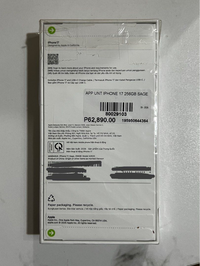 Iphone 17 256gb (Category: iPhone 17 Series) located in Manila. Submitted by 0702carts (Listing ID 1469077827, Image 2). Description: brand new, sealed ntc approved open line ₱58,000 but can be lowered to 57,500 if sure buyer! mop: gcash/maya/mari/cop mod: sdd (lalamove, grab express) .