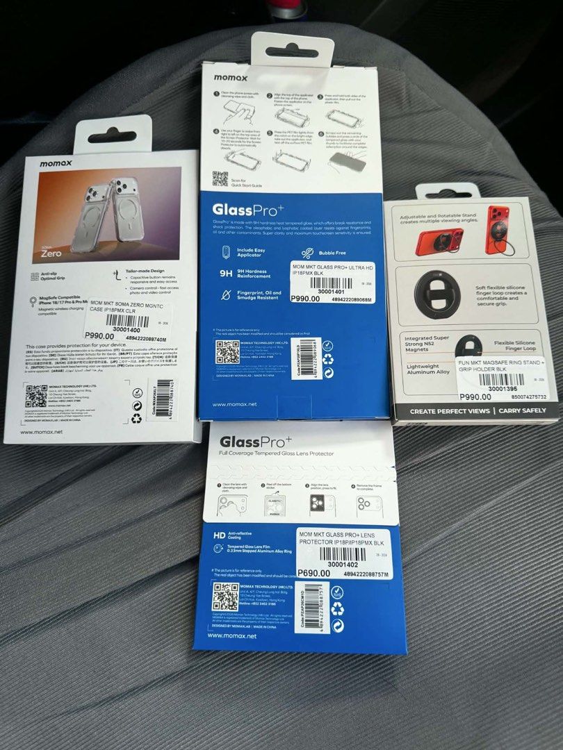 IPHONE 18 PRO MAX ACCESSORIES BUNDLE (Category: Cases & Sleeves) located in Quezon City. Submitted by zenphoenix-13e2cc (Listing ID 1469023483, Image 2). Description: IPHONE 18 PRO MAX ACCESSORIES BUNDLE Brand New / Sealed / 100% Original MOMAX GlassPro+ Lens Protector (SRP 690) FUNCTION MagSafe Ring Stand Holder (SRP 990) MOMAX GlassPro+ HD Tempered Glass (SRP 990) MOMAX Soma Zero Magnetic Case (SRP 990) Total SRP: ₱3,660 TAKE ALL: ₱2,500.