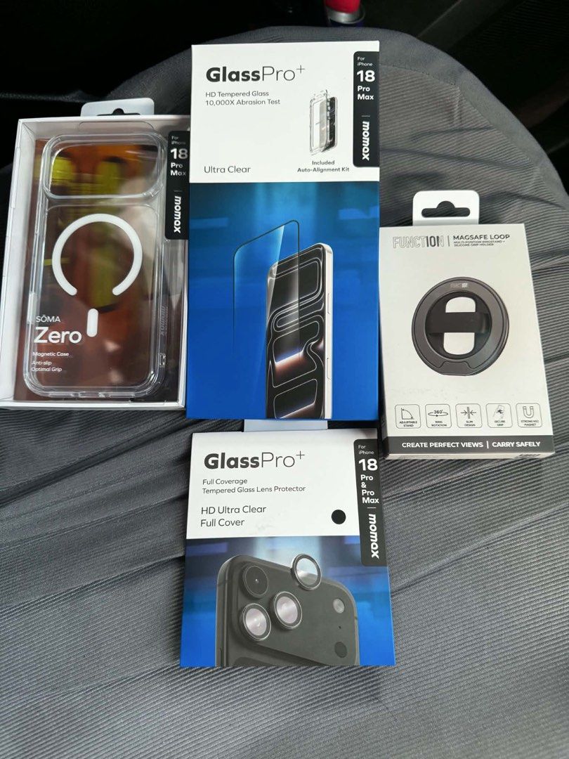 IPHONE 18 PRO MAX ACCESSORIES BUNDLE (Category: Cases & Sleeves) located in Quezon City. Submitted by zenphoenix-13e2cc (Listing ID 1469023483, Image 1). Description: IPHONE 18 PRO MAX ACCESSORIES BUNDLE Brand New / Sealed / 100% Original MOMAX GlassPro+ Lens Protector (SRP 690) FUNCTION MagSafe Ring Stand Holder (SRP 990) MOMAX GlassPro+ HD Tempered Glass (SRP 990) MOMAX Soma Zero Magnetic Case (SRP 990) Total SRP: ₱3,660 TAKE ALL: ₱2,500.