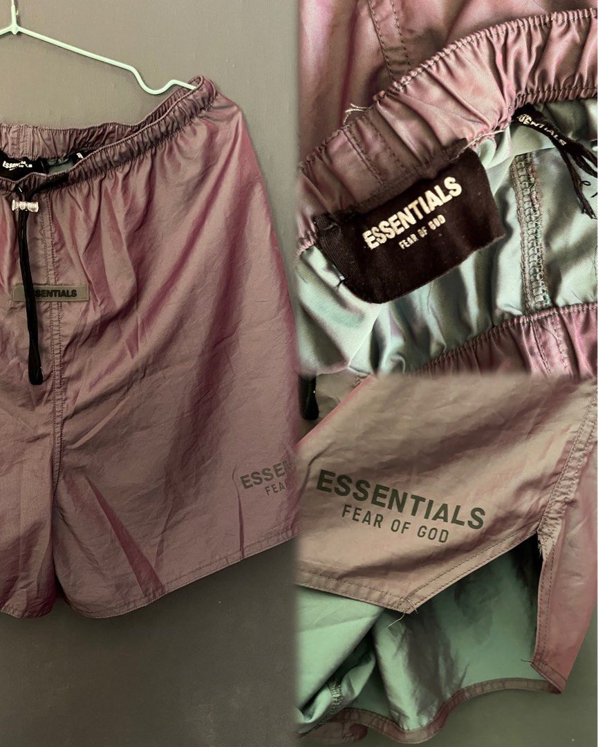 Iridescent Nylon Volley Shorts (Category: Luxury Apparel) located in Cebu City. Submitted by luxewearhub (Listing ID 1468986861, Image 1). Description: The piece is from the Fear of God Essentials Spring/Summer 2020 collection, known as the Iridescent Nylon Volley Shorts or Iridescent Nylon Track Pants. This specific line features a distinct shimmering, multicolor nylon material that shifts shade depending on how light hits the fabric..
