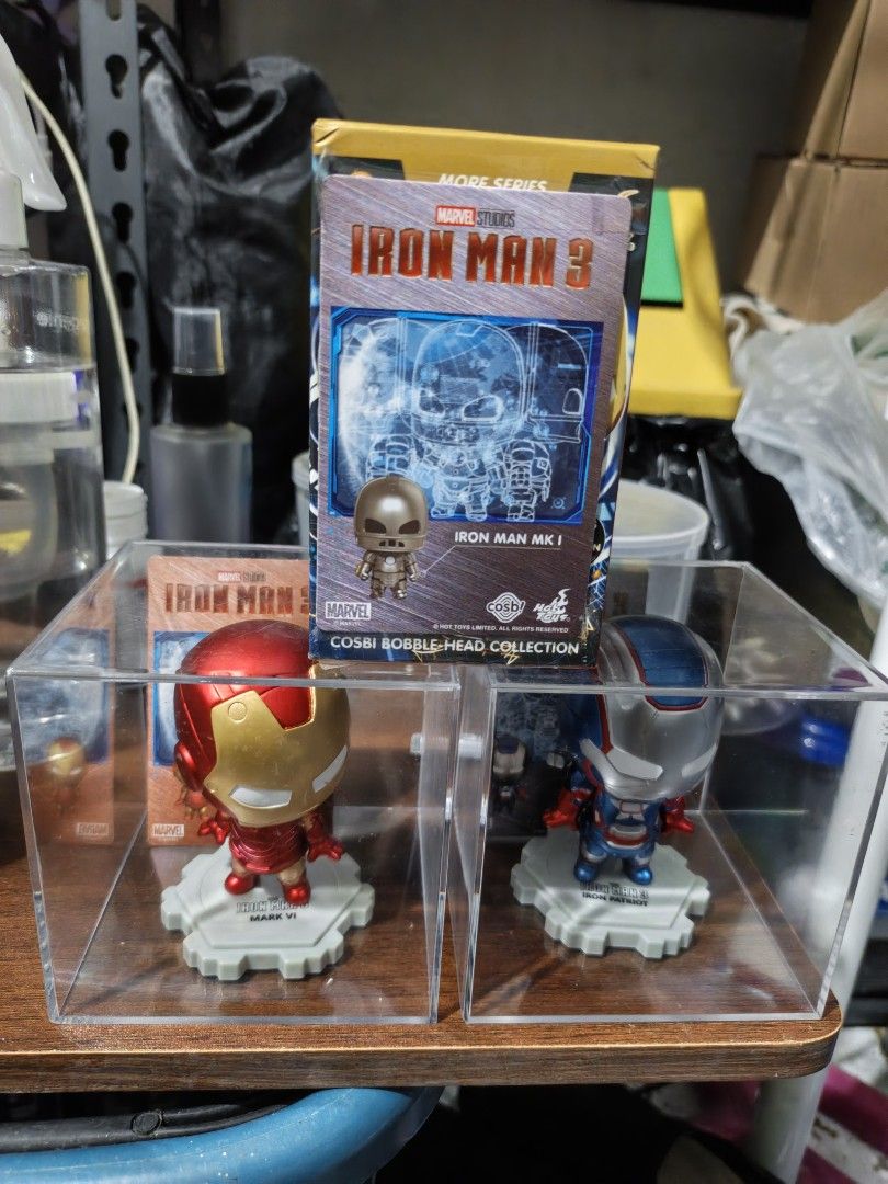 IRON MAN 3 (Category: Designer & Blind Box Toys) located in Antipolo. Submitted by makasalanan (Listing ID 1469018977, Image 3). Description: - IRON MAN 3 COSBI BLIND BOX VARIANT - SOLD AS SET FOR 800 ONLY - BUBBLE HEAD EDITION COSBABY IRON MAN MK I : - BOX & CARD INCLUDED - NOT YET OPEN FROM PLASTIC IRON MAN MK VI: - NO BOX - CARD ONLY AND ACRYLIC INCLUDED IRON MAN IRON PATRIOT: - NO BOX - CARD ONLY AND ACRYLIC INCLUDED.