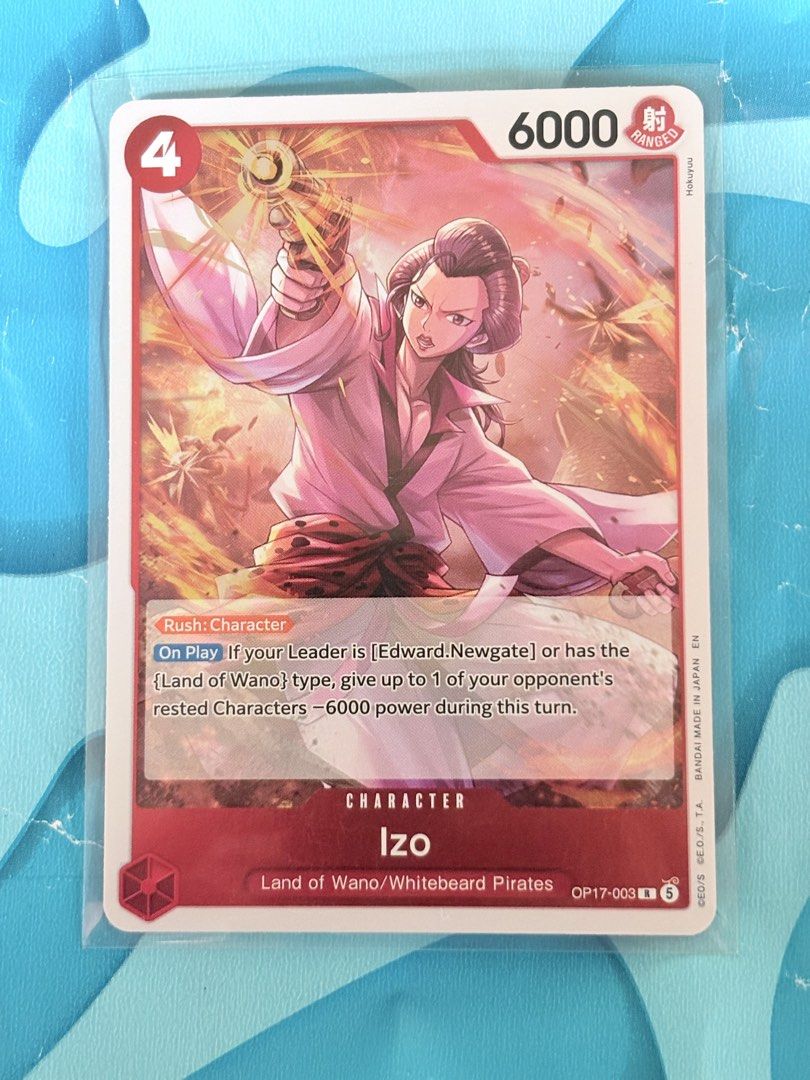 Izo OP17-003 Rare (Category: Raw Singles) located in Quezon City. Submitted by gamespot (Listing ID 1469104236, Image 1). Description: - Card: Izo (OP17-003) - One Piece Card Game - Condition: Pack-fresh, sleeved immediately, clean edges with no bends or scratches.
