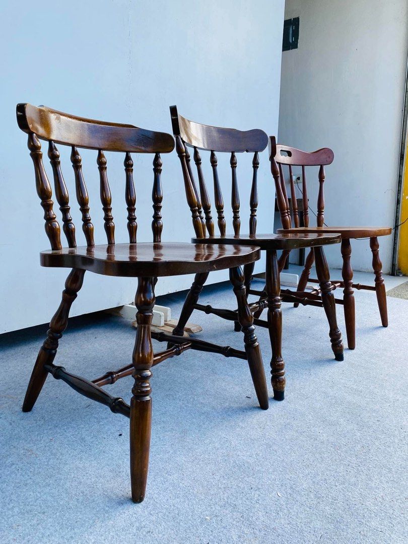 “JAPAN SURPLUS” 3PCS ASSORTED WINDSOR DINING CHAIRS (Category: Chairs) located in Manila. Submitted by jerichocal17856 (Listing ID 1468978888, Image 2). Description: “JAPAN SURPLUS” 3PCS ASSORTED WINDSOR DINING CHAIRS SIZE: 18L” x 16W” x 17Sh” x 30H” inches 17L” x 16.5W” x 17Sh” x 31H” inches 18L” x 17W” x 16.5Sh” x 28H” inches (AS-IS ITEM) IN GOOD CONDITION.