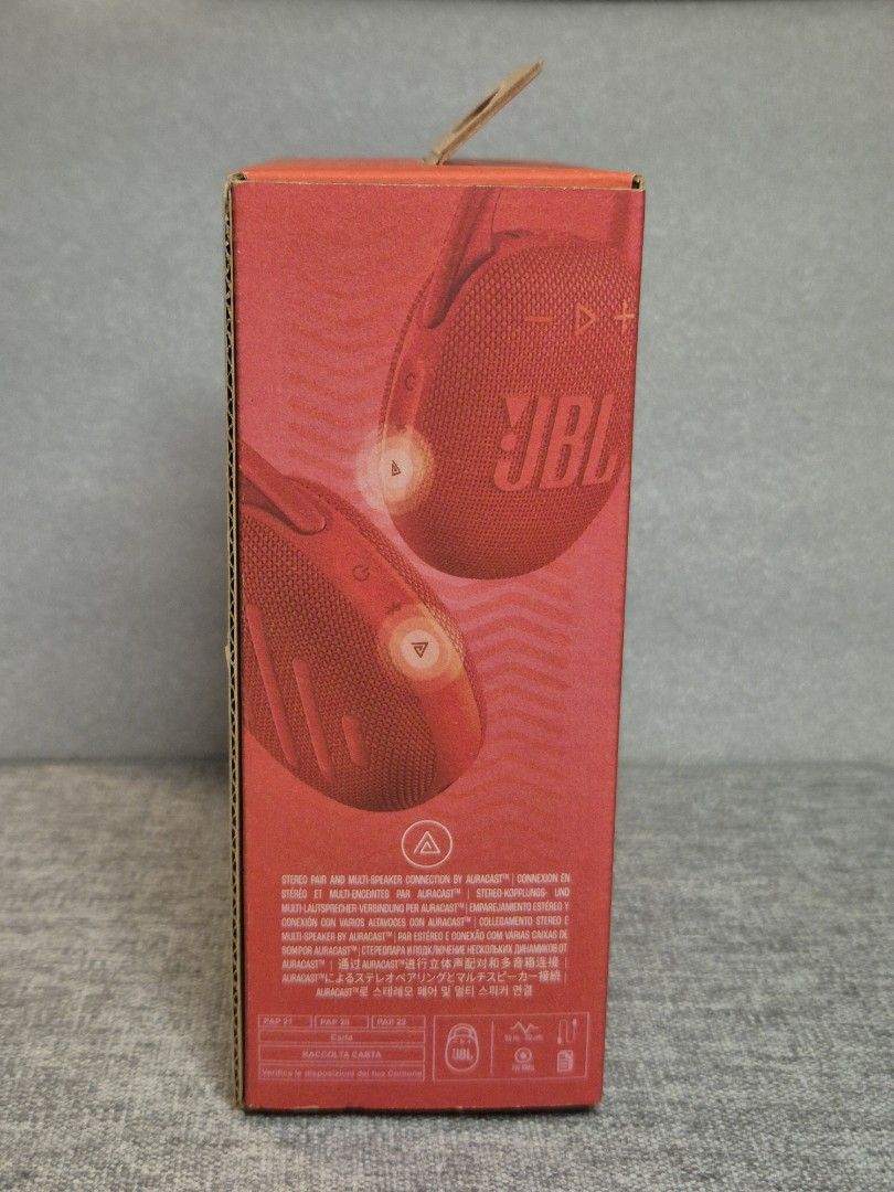JBL Clip 5 Portable Bluetooth Speaker Red (Category: Soundbars, Speakers & Amplifiers) located in Paranaque City. Submitted by erinnnm (Listing ID 1469133014, Image 2). Description: JBL Clip 5 portable Bluetooth speaker in red. Wireless audio on the go with built-in carabiner clip. Bluetooth 5.3 connectivity. Up to 12 hours of playtime plus extra battery life with Playtime Boost. Waterproof and dustproof design rated IP67. Multi-speaker connectio