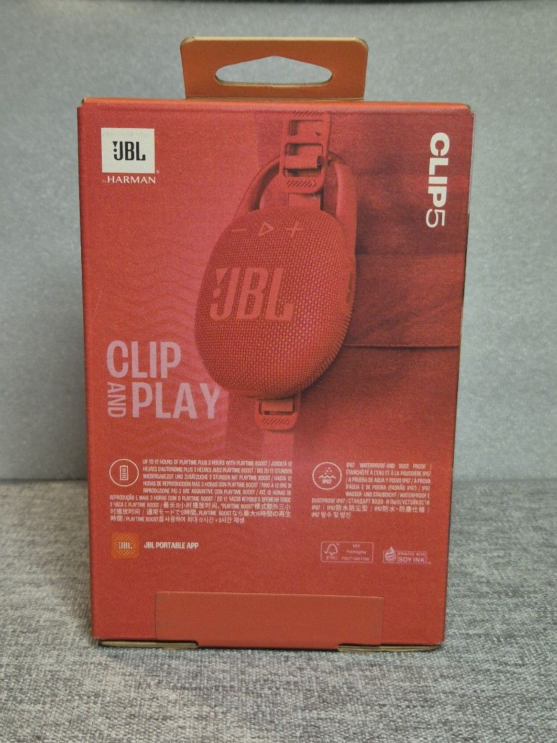 JBL Clip 5 Portable Bluetooth Speaker Red (Category: Soundbars, Speakers & Amplifiers) located in Paranaque City. Submitted by erinnnm (Listing ID 1469133014, Image 3). Description: JBL Clip 5 portable Bluetooth speaker in red. Wireless audio on the go with built-in carabiner clip. Bluetooth 5.3 connectivity. Up to 12 hours of playtime plus extra battery life with Playtime Boost. Waterproof and dustproof design rated IP67. Multi-speaker connectio