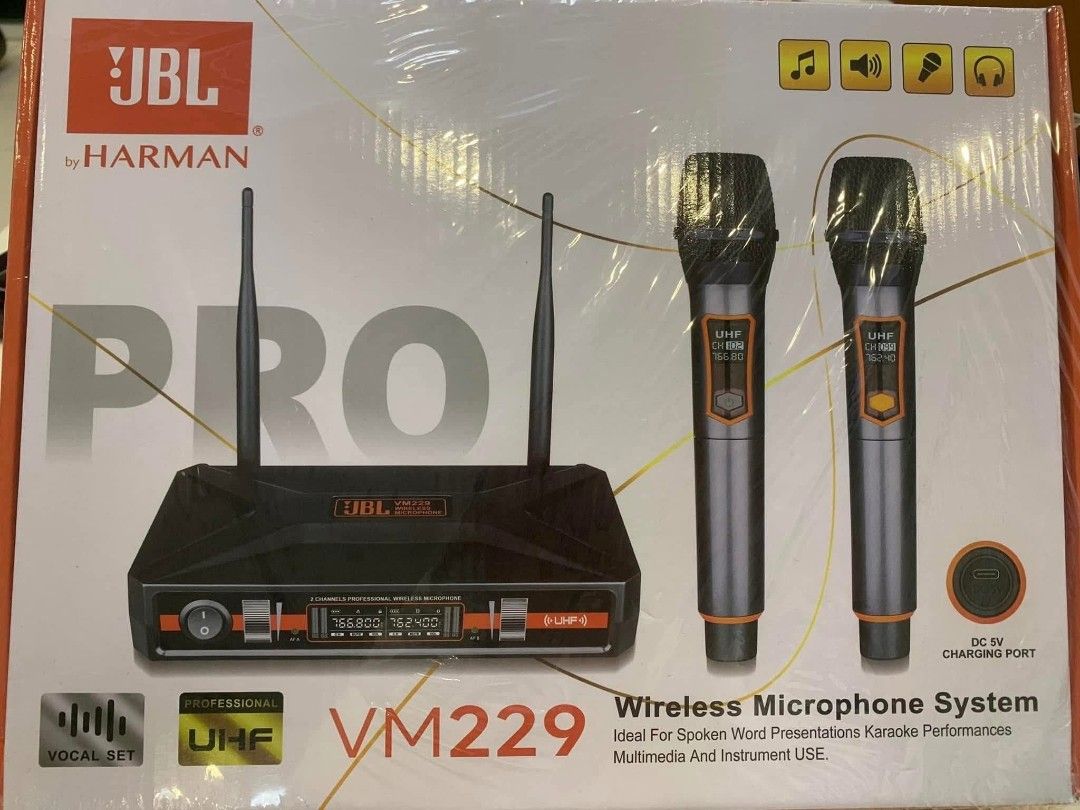 JBL Pro VM229 Wireless Microphone System (Category: Microphones) located in Manila. Submitted by ericklee23 (Listing ID 1469083228, Image 2). Description: - Brand new and unopened JBL Pro VM229 wireless microphone system - Includes dual UHF handheld microphones and receiver unit - Ideal for karaoke, events, and stage performances - Convenient standard charging port on the mics - Ready to use straight out of the box.