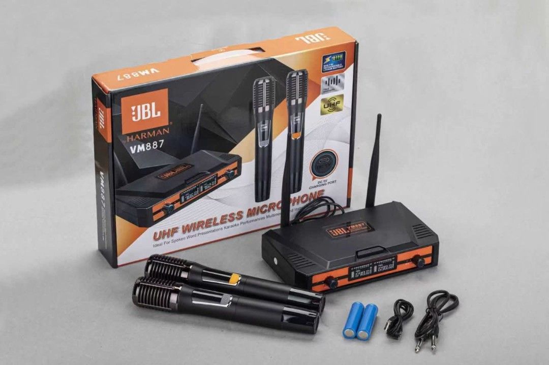 JBL VM887 UHF Wireless Microphone Set (Category: Microphones) located in Manila. Submitted by ericklee23 (Listing ID 1469082060, Image 3). Description: - Brand: JBL VM887 Wireless Microphone System - Includes: Dual handheld microphones and receiver - Frequency: UHF frequency range for clear transmission - Power: Built-in rechargeable lithium batteries with DC 5V charging port - Ideal for: Karaoke, speaking events, and live performances - Conditio