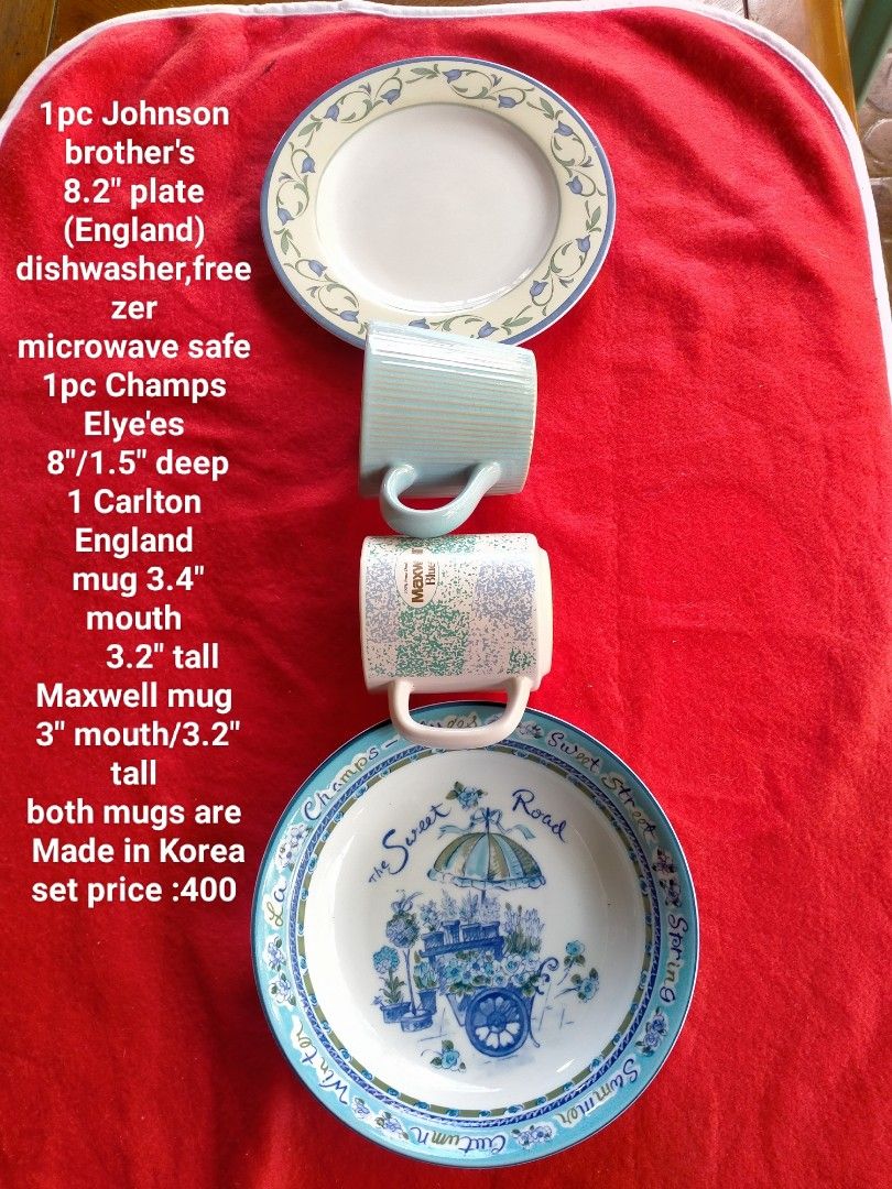 Johnson Brothers Plate Champs Elysees Mugs Tableware Set (Category: Dinnerware & Cutlery) located in Manila. Submitted by margeventa (Listing ID 1468976463, Image 1). Description: - Matching dinnerware set, selling as a bundle - Johnson Brothers plate (8.2", made in England) set - Champs Elysees deep plate (8" x 1.5") - Carlton England mug (3.4" mouth, 3.2" tall, made in Korea) - Maxwell mug (3" mouth, 3.2" tall, made in Korea) - Perfect addition