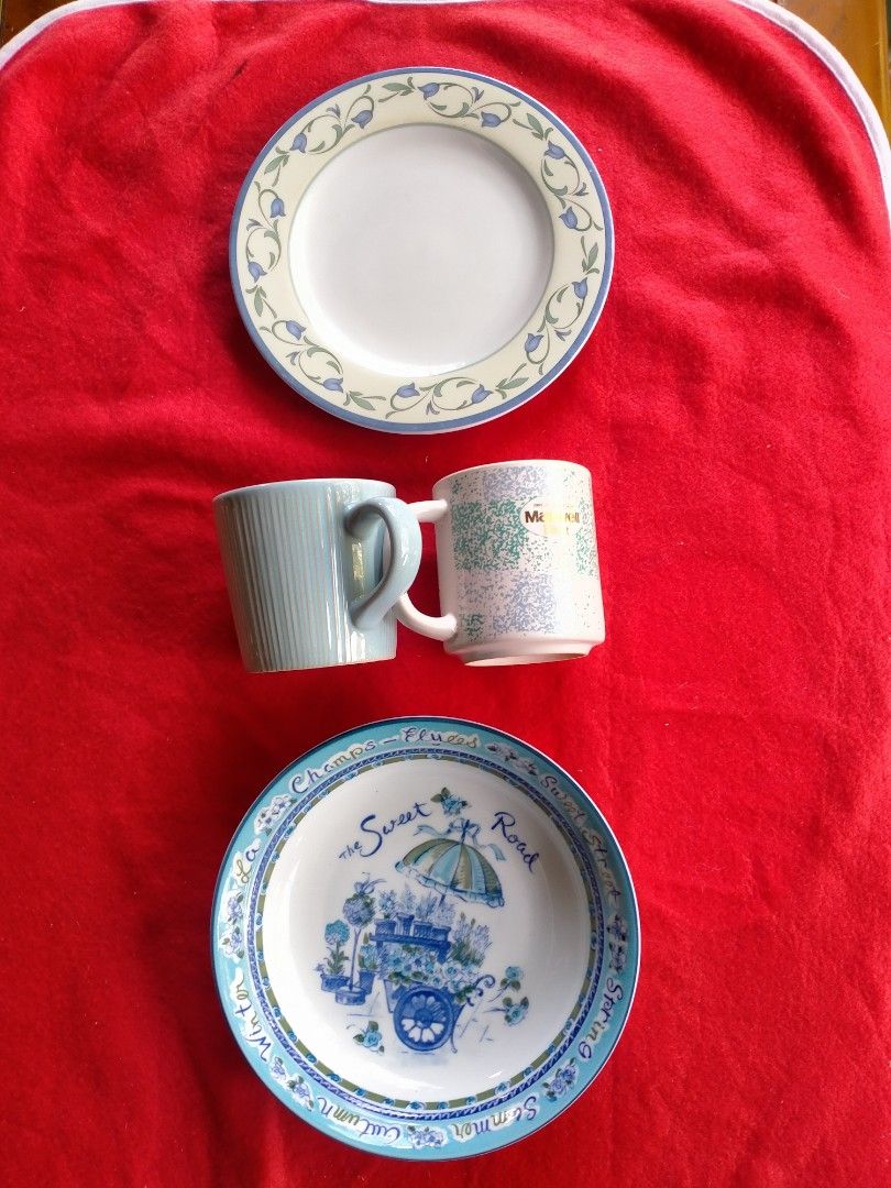 Johnson Brothers Plate Champs Elysees Mugs Tableware Set (Category: Dinnerware & Cutlery) located in Manila. Submitted by margeventa (Listing ID 1468976463, Image 2). Description: - Matching dinnerware set, selling as a bundle - Johnson Brothers plate (8.2", made in England) set - Champs Elysees deep plate (8" x 1.5") - Carlton England mug (3.4" mouth, 3.2" tall, made in Korea) - Maxwell mug (3" mouth, 3.2" tall, made in Korea) - Perfect addition