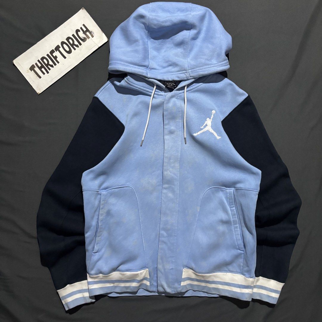 JORDAN TWOTONE VARSITY JACKET (Category: Hoodies) located in Taytay. Submitted by dwinsapparel (Listing ID 1469014541, Image 1). Description: JORDAN TWOTONE VARSITY HOODIE W-22.5 L- 26 GOOD CONDITION LIGHT STAINS NEED WASH COMPLETE TAGS.