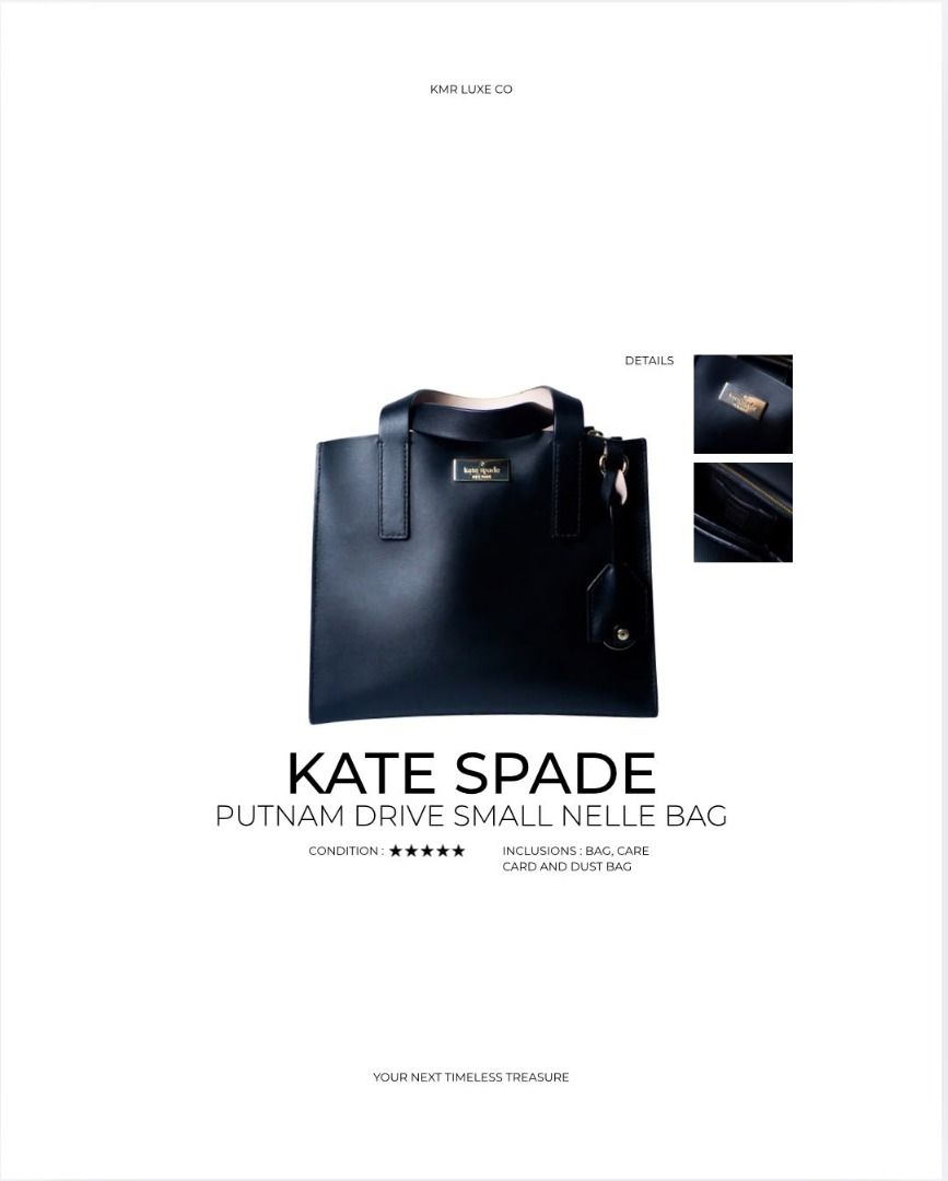 Kate Spade Putnam Drive Small Nelle Bag (Category: Luxury Bags & Wallets) located in Caloocan City. Submitted by jnlchvz0612 (Listing ID 1468995247, Image 1). Description: - Brand: Kate Spade - Model: Putnam Drive Small Nelle - Color: Classic Black - Material: Premium Leather - Hardware: Gold (with stamped front flap lettering) - Style: Structured tote with top handles and charm tag detail - Interior: Features a convenient zip pocket - Inclusions