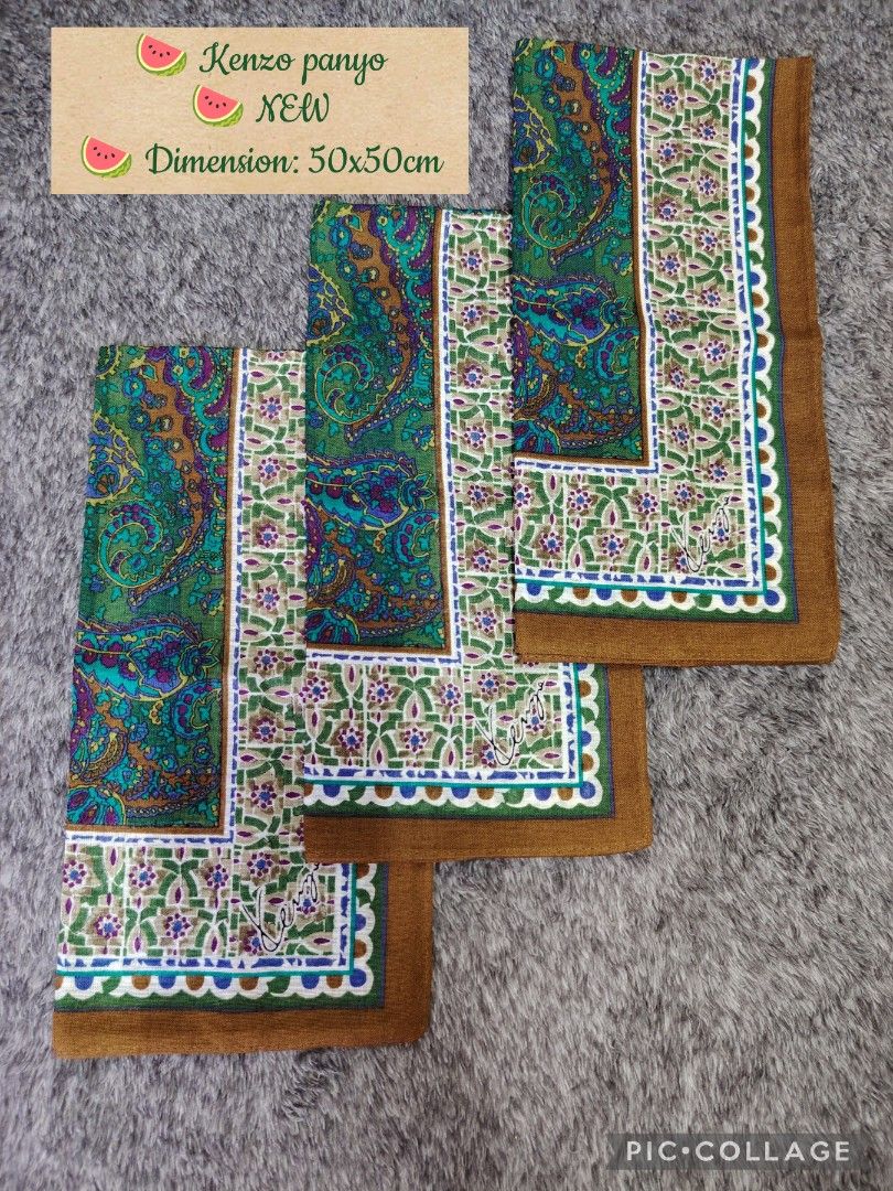 KENZO PANYO 180 each (Category: Handkerchief & Pocket Squares) located in Valenzuela. Submitted by anna.banana10 (Listing ID 1469094744, Image 1). Description: - Set of 3 authentic Kenzo handkerchiefs - Design: Vibrant green and brown paisley pattern with elegant floral borders - Size: 50 x 50 cm - Condition: Unused and carefully stored - Perfect as a gift or a stylish accessory.
