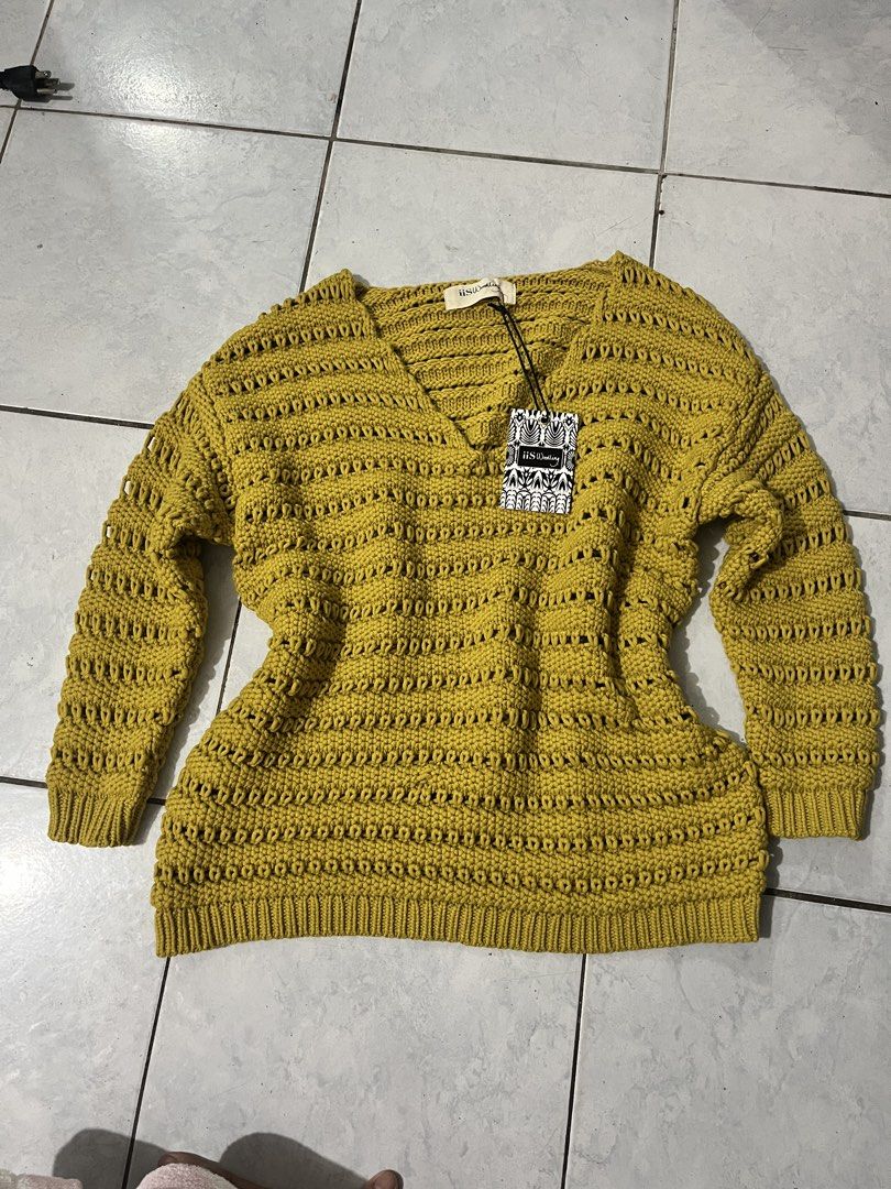 Knitter Mustard Yellow Sweater (Category: Coats, Jackets and Outerwear) located in Baguio. Submitted by TinortaPreloved (Listing ID 1468935719, Image 2). Description: Mustard Yellow Chunky Knit Sweater A cozy mustard yellow chunky knit sweater featuring a unique openwork design, a flattering V-neckline, and long sleeves. Designed with a relaxed fit, textured knit patterns, and ribbed cuffs and hem for a comfortable finish. The vibrant mustard sha