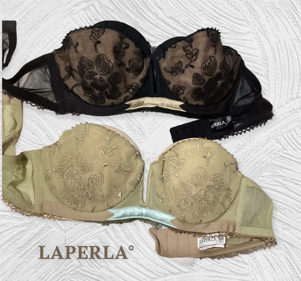 La Perla Balconette Bra Nude Size 34 (Category: Undergarments & Loungewear) located in Paranaque City. Submitted by calm_youngstore7 (Listing ID 1469104339, Image 2). Description: - Brand: La Perla (Made in Italy) - Style: Balconette bra with delicate floral embroidery - Colorway: Nude and green tones with contrasting light blue band - Features: Adjustable straps, secure hook-and-eye back closure - Condition: Brand new with tag attached and origi