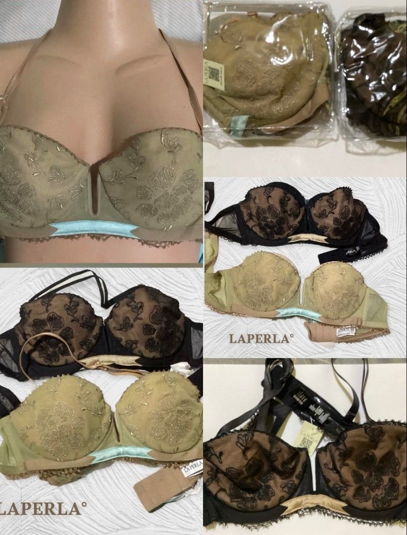 La Perla Balconette Bra Nude Size 34 (Category: Undergarments & Loungewear) located in Paranaque City. Submitted by calm_youngstore7 (Listing ID 1469104339, Image 1). Description: - Brand: La Perla (Made in Italy) - Style: Balconette bra with delicate floral embroidery - Colorway: Nude and green tones with contrasting light blue band - Features: Adjustable straps, secure hook-and-eye back closure - Condition: Brand new with tag attached and origi