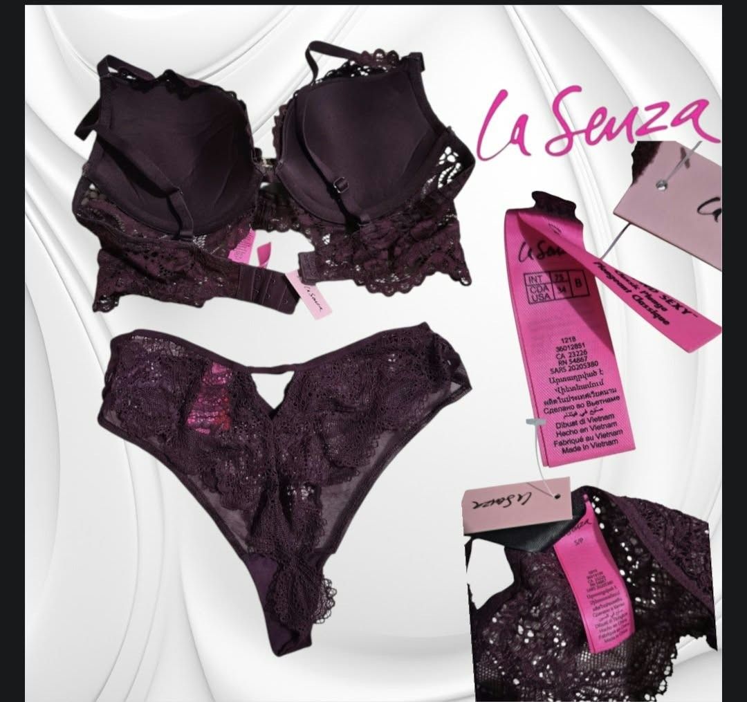 La Senza Push Up Plunge Bra & Thong Set (Category: Undergarments & Loungewear) located in Paranaque City. Submitted by calm_youngstore7 (Listing ID 1469099299, Image 2). Description: - Brand: La Senza - Condition: Brand new with original tags attached - Color: Deep plum purple - Bra Size: 34B (Push-up plunge style) - Thong Size: Small (S) - Details: Beautiful intricate lace detailing on both pieces - Perfect matching set ready to wear.