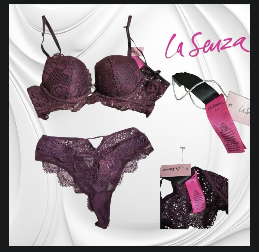 La Senza Push Up Plunge Bra & Thong Set (Category: Undergarments & Loungewear) located in Paranaque City. Submitted by calm_youngstore7 (Listing ID 1469099299, Image 1). Description: - Brand: La Senza - Condition: Brand new with original tags attached - Color: Deep plum purple - Bra Size: 34B (Push-up plunge style) - Thong Size: Small (S) - Details: Beautiful intricate lace detailing on both pieces - Perfect matching set ready to wear.