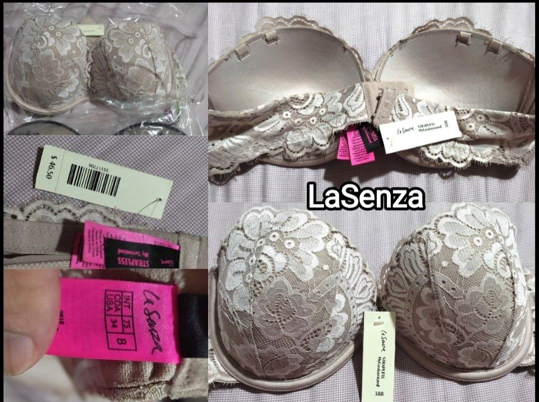 La Senza Strapless MyCustomized Lace Bra 38B (Category: Undergarments & Loungewear) located in Paranaque City. Submitted by calm_youngstore7 (Listing ID 1469101238, Image 1). Description: - Brand: La Senza (MyCustomized) - Size: 38B (USA) / INT 75 / CDA 34 - Color/Design: Nude with white floral lace overlay - Condition: Brand new with original retail tag ($46.50), stored in protective plastic - Features: Strapless with removable strap loops on th