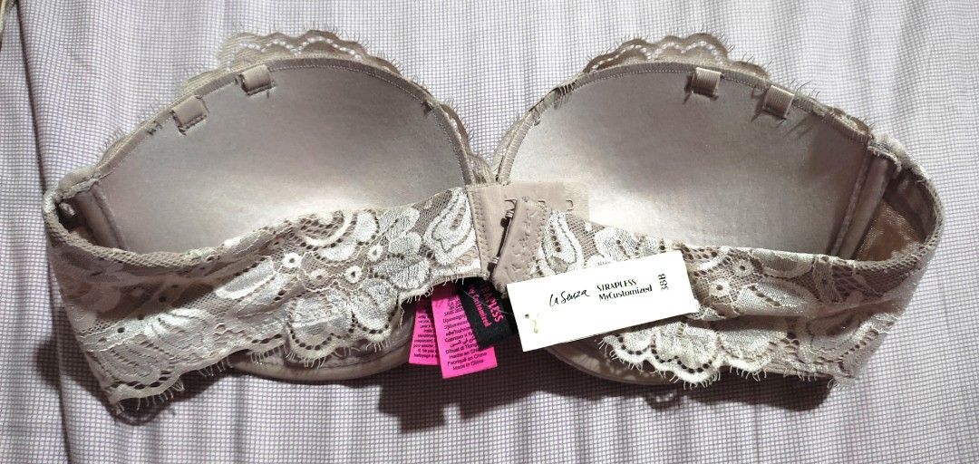 La Senza Strapless MyCustomized Lace Bra 38B (Category: Undergarments & Loungewear) located in Paranaque City. Submitted by calm_youngstore7 (Listing ID 1469101238, Image 3). Description: - Brand: La Senza (MyCustomized) - Size: 38B (USA) / INT 75 / CDA 34 - Color/Design: Nude with white floral lace overlay - Condition: Brand new with original retail tag ($46.50), stored in protective plastic - Features: Strapless with removable strap loops on th