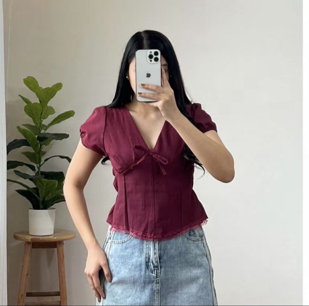 Lace Puff Cosrset Top Blouse (Category: Blouses) located in Bulacan. Submitted by clothesbyash (Listing ID 1469022868, Image 1). Description: - Size XS-S - Only used once - Color Wine Red.
