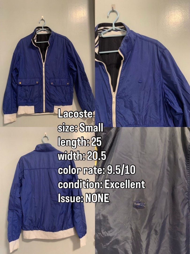 Lacoste Blue Jacket Size Small (Category: Coats, Jackets and Outerwear) located in Manila. Submitted by paulbrayan37775 (Listing ID 1469101973, Image 1). Description: - Brand: Lacoste - Color: Vibrant blue with white zipper, hem, and cuffs - Size: Small (Length: 25 inches, Width: 20.5 inches) - Features: Front utility flap pockets, interior black lining, striped collar detail, and tonal embroidered crocodile logo.