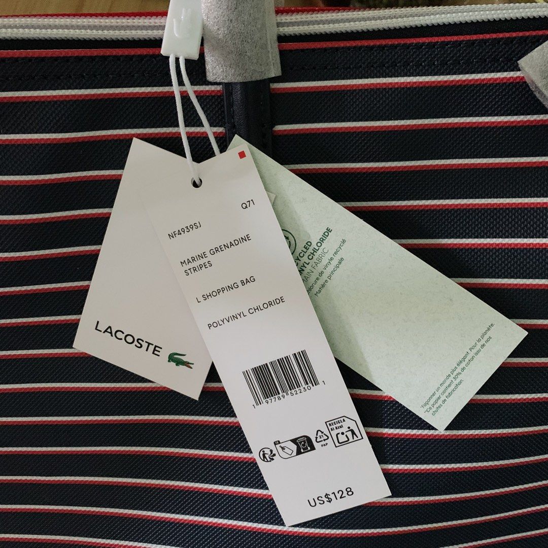 Lacoste Stripes Tote Bag (Category: Luxury Bags & Wallets) located in Manila. Submitted by yunotadashi (Listing ID 1469042665, Image 2). Description: ✨ Authentic Lacoste tote bag from the US! 🇺🇸 - Original price was almost ₱8,000 in the Philippines. - Still has the original bag tag and paper cover, but the plastic packaging is no longer available. - Never been used. The bag was originally gifted to my mom. - NO ISSUES❗️ RFS: Need money. 📍 Meet