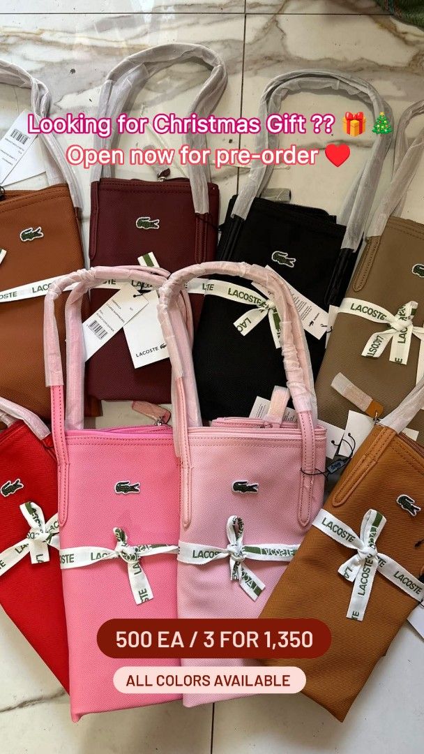 Lacoste Vertical Shopping Tote Bag Multiple Colors Pre-Order (Category: Tote Bags) located in Mandaluyong City. Submitted by chmrxx (Listing ID 1468966967, Image 1). Description: - Pre-order Lacoste vertical shopping bag - Available colors: Brown, maroon, black, khaki, red, pink, light pink, and tan - Structured vertical tote style with dual shoulder straps - Features the iconic crocodile logo on the front - Brand new with handles wrapped in prot