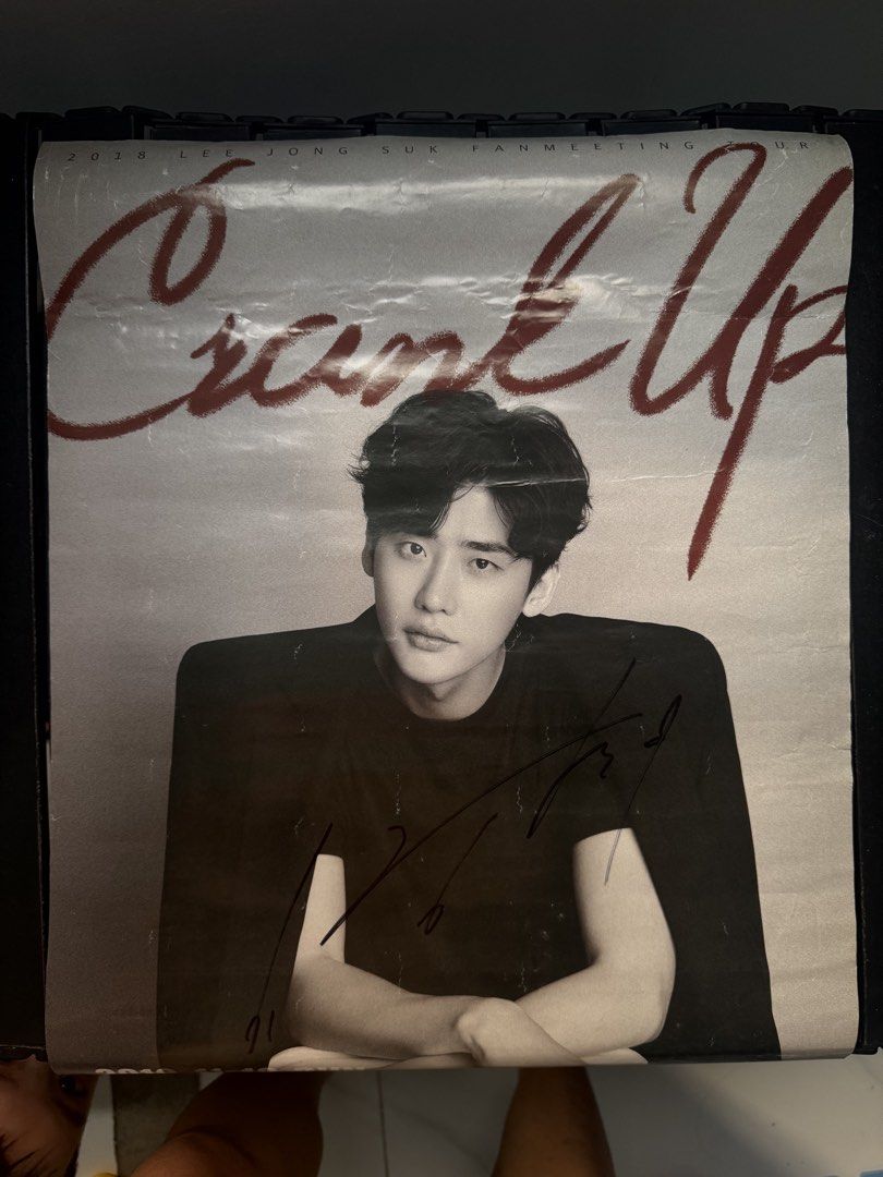 Lee Jong Suk Crank Up Signed Poster (Category: Events Tickets) located in Quezon City. Submitted by harnhyacinthe (Listing ID 1468988823, Image 1). Description: - Official Lee Jong Suk 2018 Crank Up Fan Meeting poster (Manila, Araneta Coliseum) - Features a striking black and white portrait with his printed autograph - Standard poster size, carefully rolled and stored - Condition: Minor crease marks near the edges from handling.