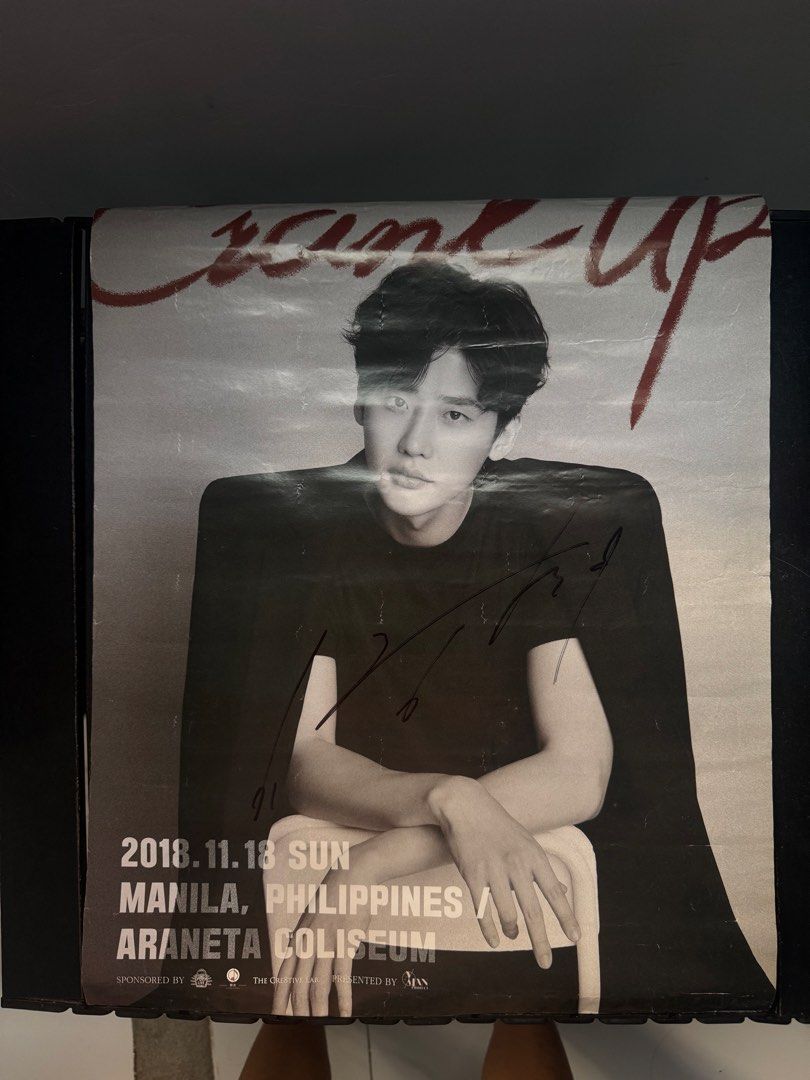 Lee Jong Suk Crank Up Signed Poster (Category: Events Tickets) located in Quezon City. Submitted by harnhyacinthe (Listing ID 1468988823, Image 2). Description: - Official Lee Jong Suk 2018 Crank Up Fan Meeting poster (Manila, Araneta Coliseum) - Features a striking black and white portrait with his printed autograph - Standard poster size, carefully rolled and stored - Condition: Minor crease marks near the edges from handling.