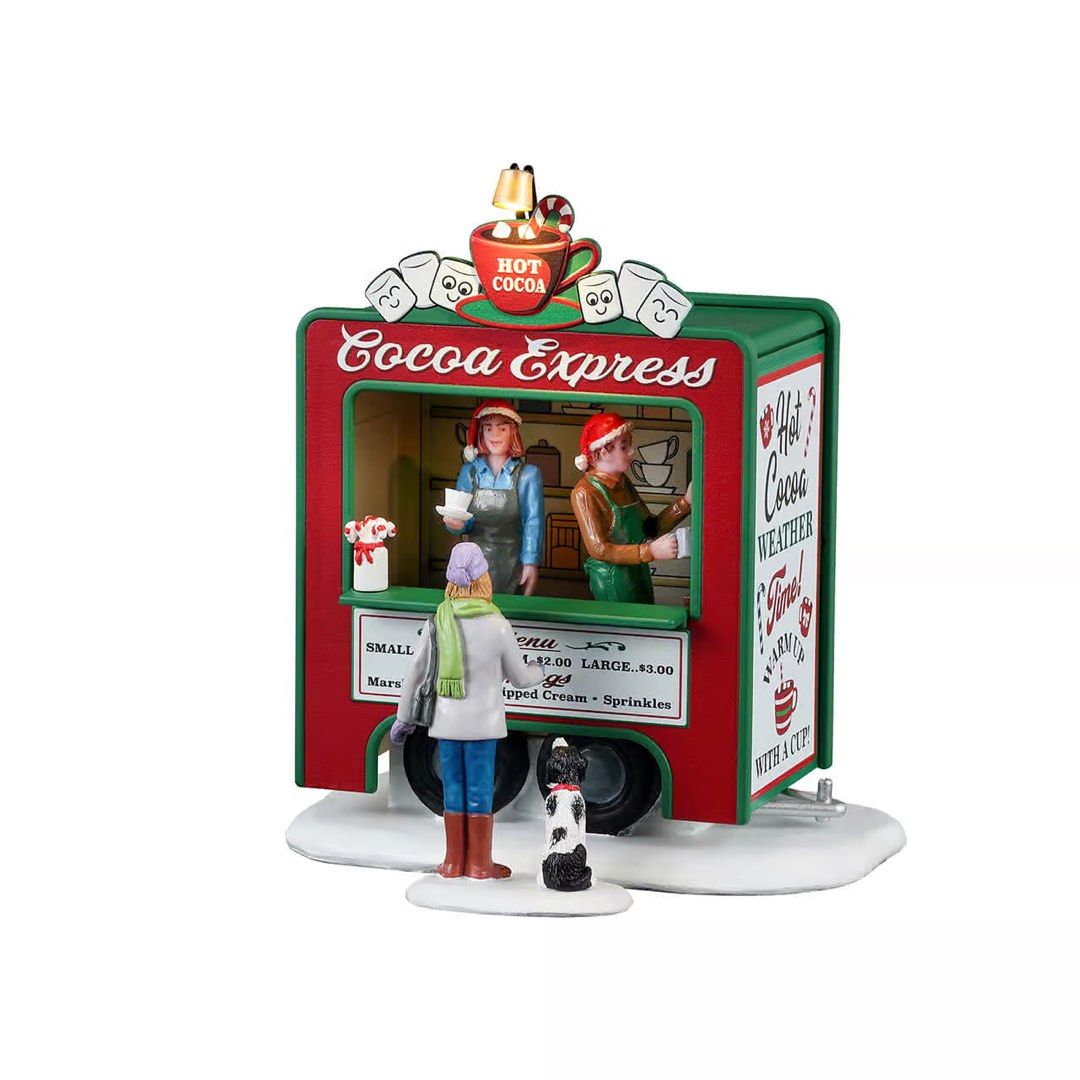 Lemax Cocoa Express Hot Cocoa Stand Village Figurine (Category: Figurines & Statues) located in Santiago. Submitted by kitalpanga (Listing ID 1469005621, Image 2). Description: Battery operated / AC adaptable - Authentic Lemax Cocoa Express lighted hot cocoa stand - Festive red and green trailer cart design featuring two vendors and a customer with a dog - Includes detailed menu board and marshmallow toppers - Features a working light-up top cup 