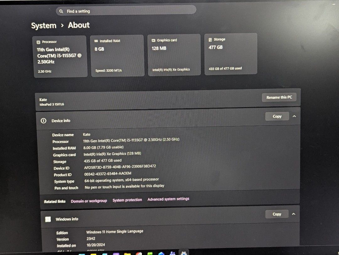 Lenovo Ideapad Slim 3 (Category: Laptops & Notebooks) located in Pasig City. Submitted by igustnik (Listing ID 1468979202, Image 3). Description: Perfect for school/work Swipe left for more details Honest Issue: RAM is not inserted pero working sya. Pag nilalagay kasi, di nag-o-on yung screen pero the keyboard is on. You can have it checked sa mga technician. PM if interested.