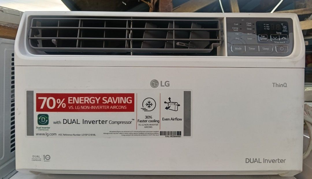 LG ThinQ DUAL Inverter Window Type Aircon (Category: Air Conditioning and Heating) located in Manila. Submitted by jamaya09 (Listing ID 1469058490, Image 1). Description: - Brand/Type: LG Window Type Air Conditioner - Smart Tech: Built-in ThinQ technology for smart control - Compressor: Dual Inverter Compressor for ultimate energy savings - Display & Controls: Top-right digital panel for fan speed, mode, timer, and sleep settings - Design: Sleek 