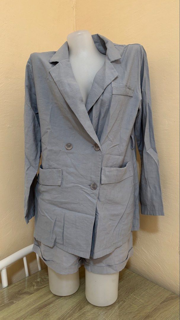 Light blue blazer and shorts matching set (Category: Sets or Coordinates) located in Santa Cruz. Submitted by homedecluttersale (Listing ID 1469146994, Image 1). Description: • Bought in Japan 🇯🇵 • Used / Excellent condition • Fits medium to large • Photos taken using mannequin only 🚚 Shipping via J&T only 📦 Shipping fee to be shouldered by buyer 💳 Mode of payment: GCash 📍 Santa Cruz, Laguna.