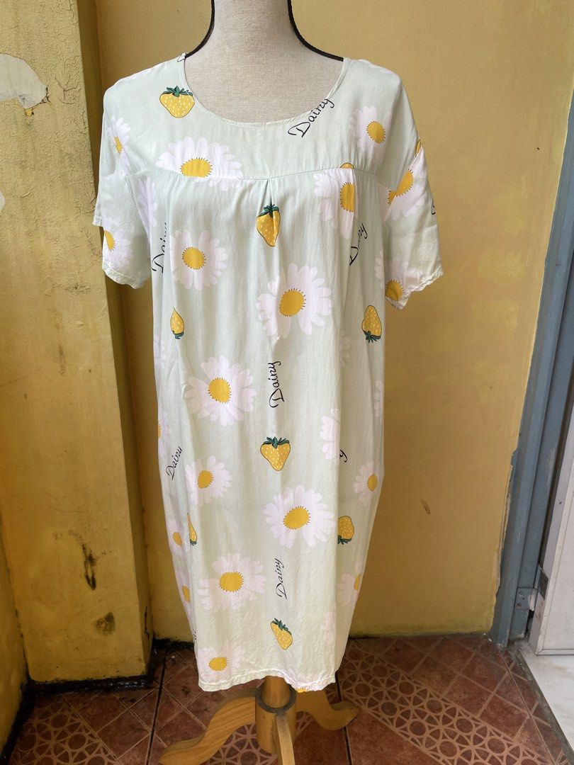 Light Green Duster Dress (Category: Dresses) located in Pasig City. Submitted by khaleisi (Listing ID 1468977730, Image 1). Description: - Color: Light green with all-over white daisies and yellow strawberries - Style: Short-sleeve, round neckline, relaxed loose-fitting silhouette - Length: Knee-length - Material: Lightweight and breathable fabric - Bust 40-44” length 35”.