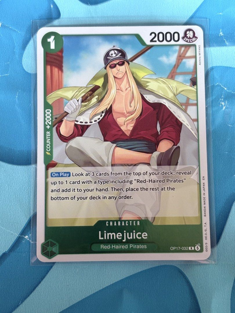 Limejuice Rare (Category: Raw Singles) located in Quezon City. Submitted by gamespot (Listing ID 1469103893, Image 1). Description: - Card: Limejuice (OP17-032) - Set: One Piece Card Game OP17 - Attributes: Green, 2000 Power, Counter - Effect: On Play - Look at top 3 cards, reveal up to 1 Red-Haired Pirates card to hand, bottom the rest - Language: English (Standard) - Condition: Stored in a clear protective sleeve.